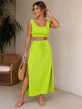 Neon Lime Drawstring Maxi Skirt - Women